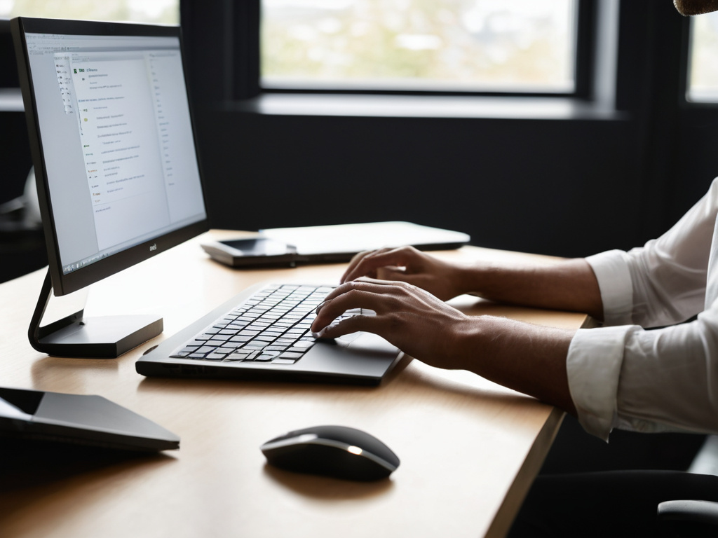 A professional, photorealistic side view of a person at a desk using a laptop and external monitor, hands on keyboard, calm focused posture, soft window light, clean workspace, no visible text overlays or letters inside the image